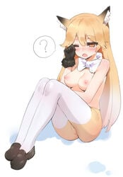 ;o ? absurdres animal_ears bangs black_gloves blonde_hair blush body_blush bow bowtie breasts brown_shoes commentary crying crying_with_eyes_open cute_fang eyebrows_visible_through_hair ezo_red_fox_(kemono_friends) female fox_ears fox_tail full_body fur-trimmed_gloves fur_trim gloves gradient_hair highres kemono_friends knees_up long_hair medium_breasts multicolored multicolored_clothes multicolored_hair multicolored_legwear nipples nose_blush one_eye_closed open_mouth pantyhose shoes simple_background sitting solo speech_bubble spoken_question_mark tail tears topless very_long_hair white_background white_bow white_bowtie white_hair ze_(wzfnn001)