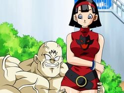 1boy 1girls black_belt black_hair blue_eyes cowboy_shot dicasty dragon_ball dragon_ball_super dragon_ball_z female hetero male medium_breasts milf muscular_male outdoors short_dress short_hair spopovich tagme videl