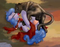 2017 animal_genitalia animal_pussy balls blue_hair clitoris cum cum_in_pussy cum_inside cutie_mark earth_pony equine equine_pussy fan_character feline feral friendship_is_magic hair horse kissing mammal my_little_pony panther pony pussy sapsan shadow_blue_(cloppermania) zoophilia