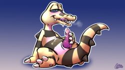 animal_genitalia blush crocodile crocodilian cum cum_on_face cum_on_stomach genital_slit knot krokorok lapatte male male_only masturbation nintendo panting penile_masturbation penis pokemon reptile scalie semi-anthro sitting slit smile solo video_games