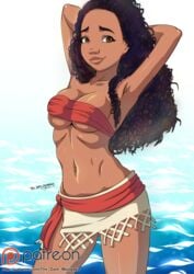 1girls armpits arms_behind_head artist_name bandeau belly black_hair breasts brown_eyes cleavage covered_breasts dark-skinned_female dark_skin disney disney_princess female female_only hips large_breasts legs long_hair midriff moana moana_waialiki navel patreon princess royalty solo standing straight_hair tagme teen teenager text the_dark_mangaka thighs underboob water watermark web_address wet young