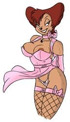 anthro areola_slip areolae black_nose breasts brown_hair canine choker collarbone curvy disney dress female female_only fishnets front_view furry goof_troop large_breasts looking_to_the_side mammal milf panties peg_pete pink_dress pink_panties redout smile solo thighhighs thong white_background zeigram