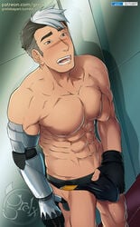 1boy abs bulge gloves grelx groping male_only multicolored_hair muscle pecs scar solo takashi_shirogane topless underwear voltron voltron:_legendary_defender