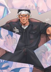 1boy blush bulge chun_(luxtan) corruption crotch dirty erection headband male_only pornography sitting