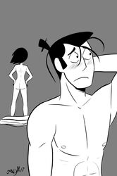 1girls 1male ashi_(samurai_jack) back_view canon_couple daughters_of_aku embarrassed female male monochrome nalem nude samurai_jack samurai_jack_(character)