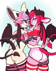 1boy 1girls anthro ass balls bat blush canine clothed clothing crossdressing duo female femboy fishnet girly hair horn hybrid male mammal panties panties_down ryunwoofie skimpy smile torn_clothing trap underwear watermark wings