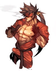 1boy abs bara blush brown_hair bulge cigarette cum drooling ejaculation erection erection_under_clothes gairen guilty_gear hands_free_ejaculation headband male male_only muscle muscular_male na_insoo pecs rennik saliva smoking sol_badguy solo tenting