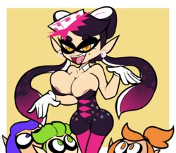 anthro big_breasts blue_eyes blue_hair breasts callie_(splatoon) cephalopod cephalopod_humanoid cuttlefrsh_(splatoon) female female_focus green_eyes green_hair humanoid inkling male mask_(marking) miscon nintendo nipple_slip nipples orange_eyes orange_hair pointy_ears splatoon squid squid_sisters tentacle tentacle_hair wardrobe_malfunction