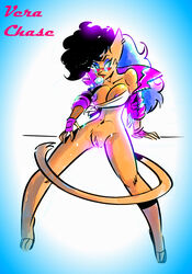 alternate_version_available anthro athletic big_breasts blue_hair breasts condom eyewear federico federico_panella feline female hair knot_tied_shirt makeup mammal mascara midriff_top multicolored_hair muscular nipple_slip no_underwear pink_hue police pose pussy retro_wave seductive shiny_leather_jacket simple_background solo sunglasses thrill_seekers_(copyright) time_traveler two_tone_hair vera_chase_(character) white_background yuri