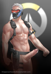 1boy abs bara blizzard_entertainment cum diediedie erection male male_only mask muscle overwatch pecs penis precum silver_hair soldier_76 solo weapon yaoi