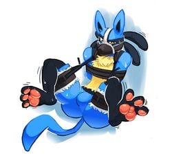 2016 anthro ass black_fur blue_fur bondage bound bulge canine featureless_crotch fur hicanyoumooforme lucario male male_only mammal muzzle_(object) muzzled nintendo nude pawpads pink_pawpads pokemon pokemon_(species) simple_background solo struggling video_games white_background yellow_eyes yellow_fur