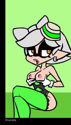 animated breasts color female female_only large_breasts marie_(splatoon) norehana_art open_mouth partially_clothed short_hair sitting solo splatoon squid_sisters stockings thighhighs topless uncensored white_hair yellow_eyes