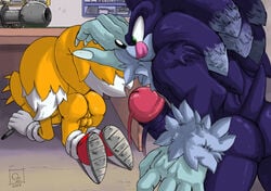 2017 abs anthro anus ass balls big_butt big_eyes big_head black_nose blue_eyes blue_fur canine clothing duo erection footwear fox fur gloves green_eyes imminent_rape male male_only mammal nude omegazuel penis smile sonic_(series) sonic_the_hedgehog sonic_the_werehog sweat tails tongue tools toony video_games werehog white_fur yellow_fur