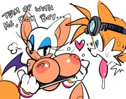 bat bimbo blue_eyeshadow breasts breasts_out dialogue disembodied_head disembodied_torso drooling english_text flashing fox gloves goggles_on_head heart heart-shaped_pupils huge_breasts humanoid interspecies long_eyelashes looking_at_breasts nipples rouge_the_bat rouge_the_rider seducing sega sonic_(series) sonic_riders staring tails teasing text tongue_out watatanza white_background wings