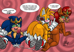 abstract_background anthro balls bisexual blue_fur blush canine cum_leaking english_text female fox furry group hedgehog male mammal mind_control mostly_nude omegazuel penis sally_acorn sonic_(series) sonic_the_hedgehog spiral_background straight tails text