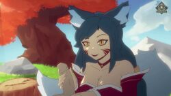 1boy 1girls ahri animal_ears animated bare_shoulders breasts choker cleavage cloud cum cum_on_body ejaculation erection eyeliner facial_mark female fox_ears fox_tail grass korean_clothes large_breasts league_of_legends long_hair makeup male male/female mountain open_mouth ox_horns penis penis_grab premature_ejaculation red_choker red_eyeliner rock slit_pupils smile straight surprised tail tree tree_stump vesper_nsfw watermark whisker_markings