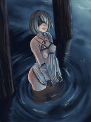 1girls ass black_hair_ornament black_hairband blindfold breasts covered_breasts covered_eyes female female_only gloves hair_ornament hairband high_resolution hips kaine_(nier)_(cosplay) legs nier nier:_automata nipples see-through short_hair silver_hair solo standing tagme thighs very_high_resolution wet white_hair yorha_2b