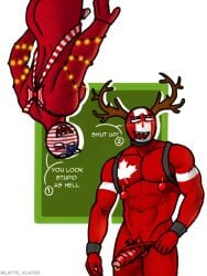 2boys antlers athletic_male big_penis brother brothers canada_(countryhumans) christmas cock_piercing countryhumans dialogue dick_piercing latte_4later male male_focus male_only nipple_piercing reindeer_antlers ribbon ribbons sharp_teeth speech_bubble sunglasses text text_bubble united_states_of_america_(countryhumans)