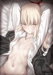 1girls absurdres arms_up artoria_pendragon_(fate) besmiled blonde_hair bound bound_wrists breasts collarbone fate/grand_order fate_(series) female groin highres light-skinned_female light_skin long_sleeves looking_at_viewer lying medium_breasts medium_hair navel no_bra on_back open_clothes open_shirt out-of-frame_censoring pale_skin pillow red_ribbon restrained ribbon saber_alter shirt small_breasts solo stomach sweat twitter_username white_shirt