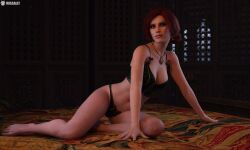 3d bed bedroom bra breasts cd_projekt_red collar female freckles light-skinned_female lingerie looking_at_viewer missally panties red_hair solo the_witcher_(series) the_witcher_3:_wild_hunt triss_merigold underwear