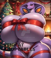 1girls ai_generated anthro arbok ass big_ass big_breasts breasts christmas_outfit christmas_tree female furry pokemon purple_body purple_skin red_eyes snake thick_thighs venicat