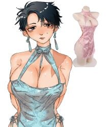 big_breasts black_hair china_dress chinese_clothes cleavage earrings facial_scar female female_only gegege_no_kitarou genderswap_(mtf) kitarou_tanjou_gegege_no_nazo looking_at_viewer mizuki_(gegege_no_kitarou) revealing_clothes rule_63 scar scar_across_eye scar_on_face scars short_hair solo tapoemon very_short_hair