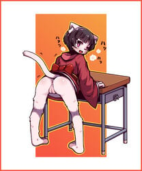 anus ass black_hair bottomless feli felid feline female from_behind fur furry furry_only japanese_clothes looking_back omunikin partially_clothed pussy setsu_(omunikin) solo tail topwear uncensored