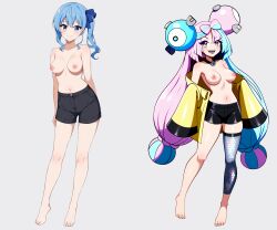 2girls ai_generated black_shorts blue_eyes blue_hair crossover cute cutie_patootie cuties hololive hololive_japan hoshimachi_suisei iono_(pokemon) multicolored_hair pink_hair pixai pokemon_sv purple_eyes self_upload silly_cutie silly_cuties virtual_youtuber yellow_jacket