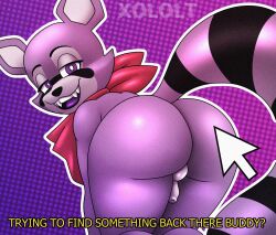 2026 anthro ass balls bedroom_eyes big_butt cheek_tuft dialogue digital_drawing_(artwork) digital_media_(artwork) facial_markings facial_tuft fangs fluffy fluffy_tail fur genitals gradient_background head_markings hi_res indigo_park male mammal markings mascot_horror mask_(marking) narrowed_eyes nude open_mouth penis pixelated_background presenting presenting_hindquarters procyonid purple_eyes raccoon raised_tail rambley_raccoon rear_view red_scarf scarf seductive simple_background small_penis solo striped_body striped_fur striped_markings striped_tail stripes tail tail_aside tail_markings teasing teeth text thick_thighs tuft wide_hips xolotl_59