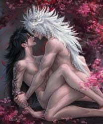 arms_held_back biceps black_hair black_hair_bottom cherry_blossoms clavicle develvdeva domination eye_contact feminine_male final_fantasy final_fantasy_vii flower gay gay_sex gentle held_down homosexual implied_penetration implied_sex light_hair_on_dark_hair love male male/male male_focus male_only male_penetrating male_penetrating_male missionary missionary_position missionary_sex muscles muscular muscular_arms muscular_male muscular_thighs nero_the_sable no_visible_genitalia romance romantic romantic_couple romantic_sex sensual softcore tasteful tasteful_nudity toned toned_body toned_male weiss_the_immaculate white_hair white_hair_on_black_hair white_hair_top