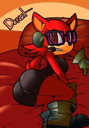 2017 anthro ass bed big_breasts boots breasts brown_eyes cameltoe canine clothing cloudz custom_character_(sonic_forces) english_text eyewear fan_character female footwear fur gadget_the_wolf glasses gloves headphones headset hi_res mammal pillow red_fur rule_63 solo sonic_(series) sonic_forces superbunnygt teeth text wolf