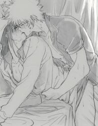 2boys anal anal_sex blush breath canon_crossdressing crossdressing femboy from_behind gay gintama gintoki_sakata headscarf katsura_kotarou kiss_mark kissing kissing_while_penetrated lipstick lipstick_mark llemonyyyy long_hair long_hair_male male male_only monochrome motion_lines no_visible_genitalia official_alternate_costume sweat waist_grab yaoi zurako