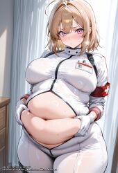 ai_generated big_ass big_breasts blonde_hair fat female hell-pantsu pink_eyes solo thick_thighs wet_body