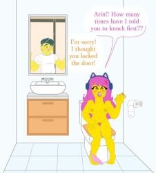 angry_face arin_(ninjago) bathroom duchess_pixal hairy_pussy ninjago nude_female panties pink_eyes sora_(ninjago) yellow_body