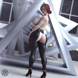 3d ass axfx3d back_view big_ass big_breasts breasts cd_projekt_red curvy_female female freckles high_heels light-skinned_female looking_at_viewer looking_back mascara nipples nipples_covered red_hair solo the_witcher_(series) the_witcher_3:_wild_hunt triss_merigold