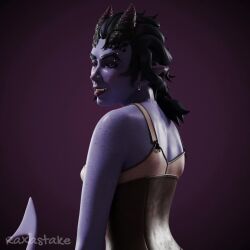 3d animated black_eyes blue_skin blue_tail corset dungeons_and_dragons ear_piercing earrings eyebrow_piercing female_only freckles freckles_on_face freckles_on_shoulders glowing_eyes hair_tied_back head_turned horns looking_back_at_viewer messy_hair nipple_piercing no_sound nose_ring purple_background purple_eyes purple_lips raxastake sharp_teeth simple_background tagme tail teeth tiefling video