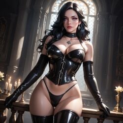 ai_generated black_hair breasts cameltoe cd_projekt_red collar corset earrings female gloves latex latex_suit light-skinned_female lingerie looking_at_viewer purple_eyes solo stockings the_witcher_(series) the_witcher_3:_wild_hunt thealphega thong yennefer