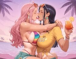 2girls ahoge ai_generated alex-schura bangs bare_shoulders beach beads bikini black_hair blue_shorts blue_sky blush boa_hancock bracelet breast-to-breast breast_press breasts clavicle cleavage clothing cloud crop_top cup curvaceous curvaceous_female curvaceous_figure curvy curvy_figure cutoffs dark-skinned_female dark_skin day denim denim_shorts drink drinking_glass drinking_straw earrings eyes_closed eyewear eyewear_on_head female female_focus food french_kiss glasses green_bikini green_swimsuit hina_(one_piece) holding holding_cup hoop_earrings hug jewelry kiss kissing large_breasts long_hair mature_female midriff multiple_girls nail_polish navel necklace ocean one_piece open_mouth orange_(fruit) orange_slice outdoors palm_tree piercing pink_hair saliva sand shirt short_shorts short_sleeves shorts sitting sky smile stomach striped sunglasses sunglasses_on_head swimsuit symmetrical_docking tanlines tanned thighs tinted_eyewear tongue tongue_out tree voluptuous voluptuous_female water yuri