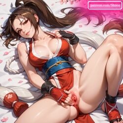 ai_generated breasts brown_hair cleavage girl looking_at_viewer lying mai_shiranui masturbation offering_sex on_back pink_pussy pussy