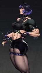 abs artist_name black_shorts collar commentary crop_top electricity english_commentary female fingerless_gloves gloves highres looking_to_the_side mootium multicolored_hair muscular muscular_female reina_mishima shorts simple_background solo tekken tekken_8 thick_thighs thighs twitter_username two-tone_hair