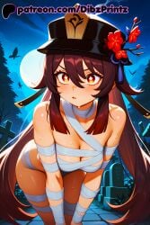 1girls ai ai_assisted ai_generated anime artist_name bandages bare_shoulders bent_over black_headwear blush breasts brown_hair bug butterfly cleavage dibzprintz female flower flower-shaped_pupils full_moon genshin_impact graveyard hair_between_eyes halloween hat hat_flower hi_res high_quality high_resolution highres hu_tao_(genshin_impact) hu_tao_\(genshin_impact\) leaning_forward long_hair looking_at_viewer medium_breasts moon mummy_costume naked_bandage night night_sky open_mouth outdoors patreon patreon_username plum_blossoms porkpie_hat red_eyes sarashi sky solo sweat symbol-shaped_pupils tombstone twintails v-shaped_eyebrows very_long_hair watermark web_address