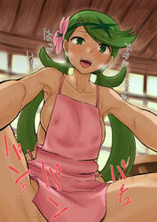 1boy 1girls apron blush breasts dark-skinned_female dark_skin female green_eyes green_hair heart heavy_breathing human kurosu_gatari long_hair looking_down male_pov mallow_(pokemon) mostly_nude motion_lines naked_apron nintendo on_top open_mouth pokemon pokemon_sm pov sex sideboob straight tanned_skin text