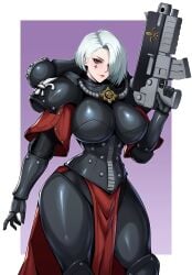 adepta_sororitas armor bolter breasts female hair_over_one_eye hatch24601 holding_gun large_breasts pelvic_curtain power_armor red_eyes short_hair sister_of_battle solo thick_thighs warhammer_40k white_hair