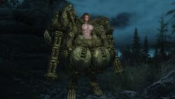 breasts breasts_out dwemer exposed_breasts mecha mechanical_arm red_hair skyrim tattoo