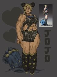 1girls bbw big_thighs hyper hyper_muscles jojo's_bizarre_adventure jolyne_kujo muscles navel pubic_hair reference_image simple_background solo solo_female stone_ocean thicc thick_thighs