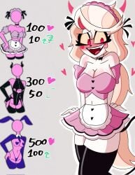 big_breasts blush charlie_morningstar charlie_morningstar_(hazbin_hotel) embarrassed hazbin_hotel maid_outfit maid_uniform pink_dress source_request strip_game thighhighs