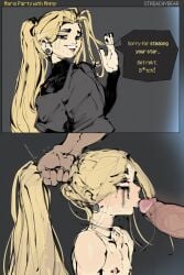 2koma after_fellatio black_nails blonde_hair dialogue gauged_ear imminent_oral instant_loss_2koma painted_nails pierced_nipples piercing runny_makeup streachybear