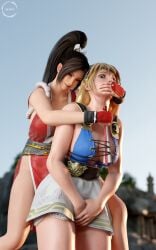 2girls 3d armor beach blonde_hair catfight cuntbusting fatal_fury female female_only femdom fighting fighting_game king_of_fighters mai_shiranui ryona sexfight snk sophitia_alexandra soul_calibur wafl4k wrestling wrestlingryona yuri