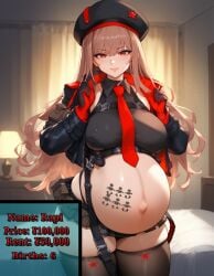 1girls ai_generated big_breasts breasts brown_hair female female_focus hat huge_breasts large_breasts light-skinned_female looking_pleasured nipples pregnancy_tally pregnant pregnant_belly pregnant_female rapi_(nikke) red_eyes thick_thighs thighs