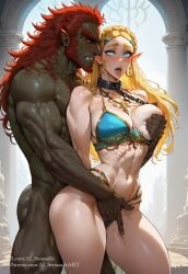 1boy 1girls 2d ahe_gao ai_generated ai_sensuality bikini blonde_hair blue_eyes chain_leash elf elf_ears feral feral_on_female finger_fuck fingering ganondorf grey_body groping groping_breasts hairy_male jewelry light-skinned_female midriff muscular muscular_male navel nipple_bulge nipples non-human princess_zelda saliva slave_bikini slave_collar slave_leia_(cosplay) slave_outfit slavegirl slut_collar the_legend_of_zelda the_legend_of_zelda:_breath_of_the_wild zelda_(breath_of_the_wild) zelda_(tears_of_the_kingdom)